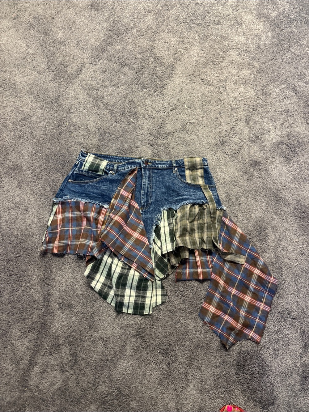 Stylish Patchwork Plaid Denim Shorts - Blue Multicolor